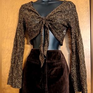 Vintage 90s black gold bell sleeve flare sparkle mesh lace tie top Med lg xl